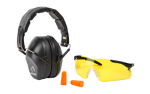 Walkers Pro Safety Combo Kit: low-profile folding earmuffs, yellow safety glasses, foam earplugs
