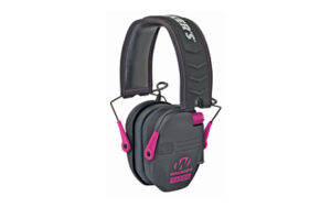 Walkers Razor Slim electronic earmuffs black with pink accents over-the-head folding design