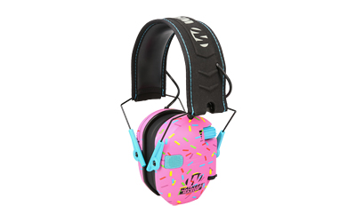 Walkers Razor Slim electronic earmuff, 23 dB NRR, Pink Sprinkles, over-the-head folding design