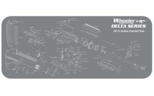 Wheeler Delta AR-15 maintenance mat dark gray with screen-printed AR-15 parts diagram, 20x47 neoprene top rubber back