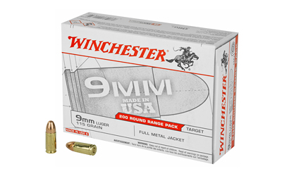 Winchester USA 9mm Luger 115 gr FMJ 200 rd box packaging