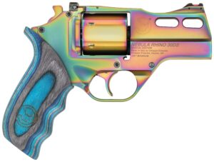 Chiappa Rhino 30DS Nebula revolver with rainbow PVD finish and blue laminate grips