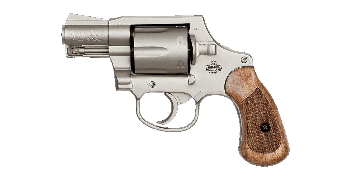 Armscor Rock Island M206 Spurless Revolver .38 Special 2-inch Matte Nickel with checkered wood grips
