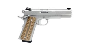 Savage 1911 Government 9mm stainless 5-inch pistol front-right view with VZ grips