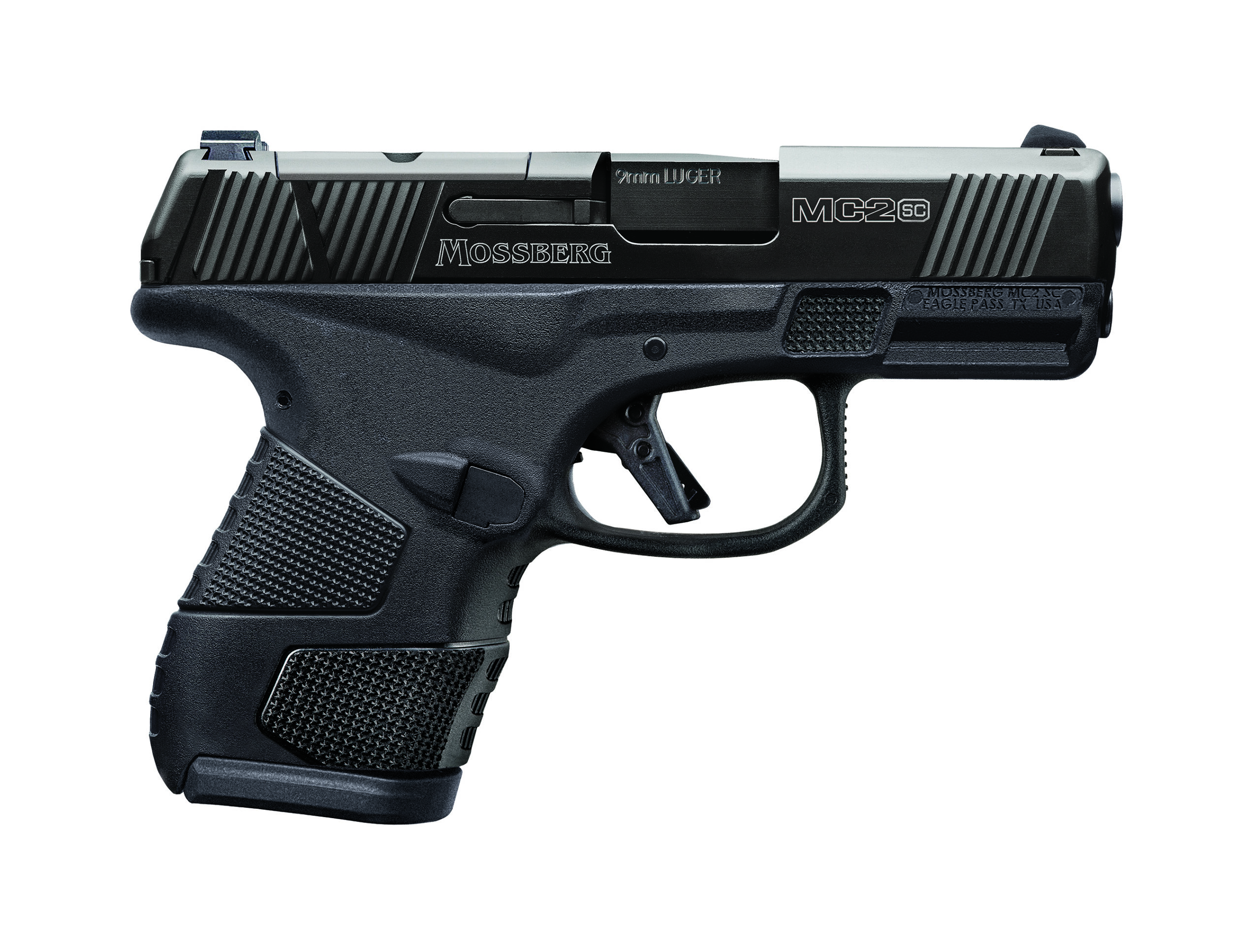 Mossberg MC2sc 9mm subcompact pistol with 3.4-inch barrel, matte black DLC slide and black polymer grip