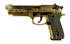 EAA Girsan Regard MC Deluxe 9mm pistol, gold-plated hand-engraved slide, black G10 grips, 4.9 inch barrel