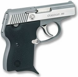 North American Arms Guardian .380 ACP stainless pistol with black grips and fixed sights