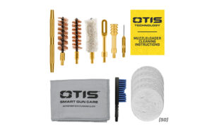 Otis .50 Cal Muzzleloader Cleaning Kit components including brush, jag, patches and microfiber cloth