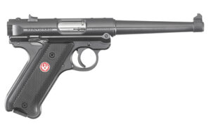 Ruger Mark IV Standard .22 LR 6-inch blued pistol with synthetic checkered grip and fixed sights