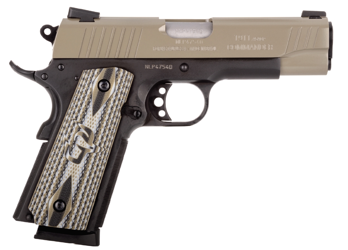 Taurus 1911 Commander .45 ACP pistol with sand Cerakote slide and VZ grips