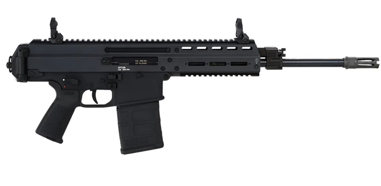 B&T APC308 13-inch .308/7.62 NATO semi-automatic pistol in black with threaded barrel