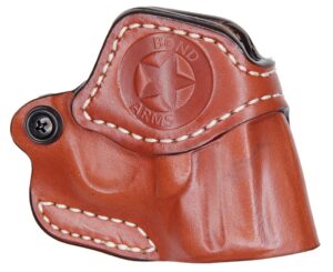 Bond Arms Prem tan leather cross-draw holster for 3" barrel with trigger guard and white stitching