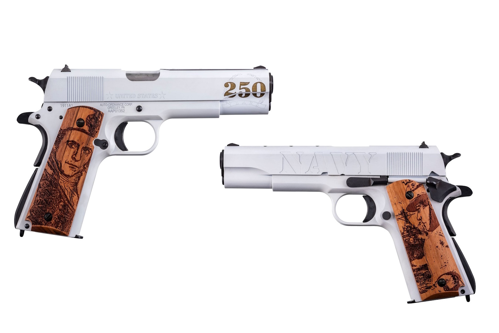 Auto-Ordnance Thompson 1911A1 Navy 250th .45 ACP 5" pistol with engraved hardwood grips and white/stainless Cerakote finish