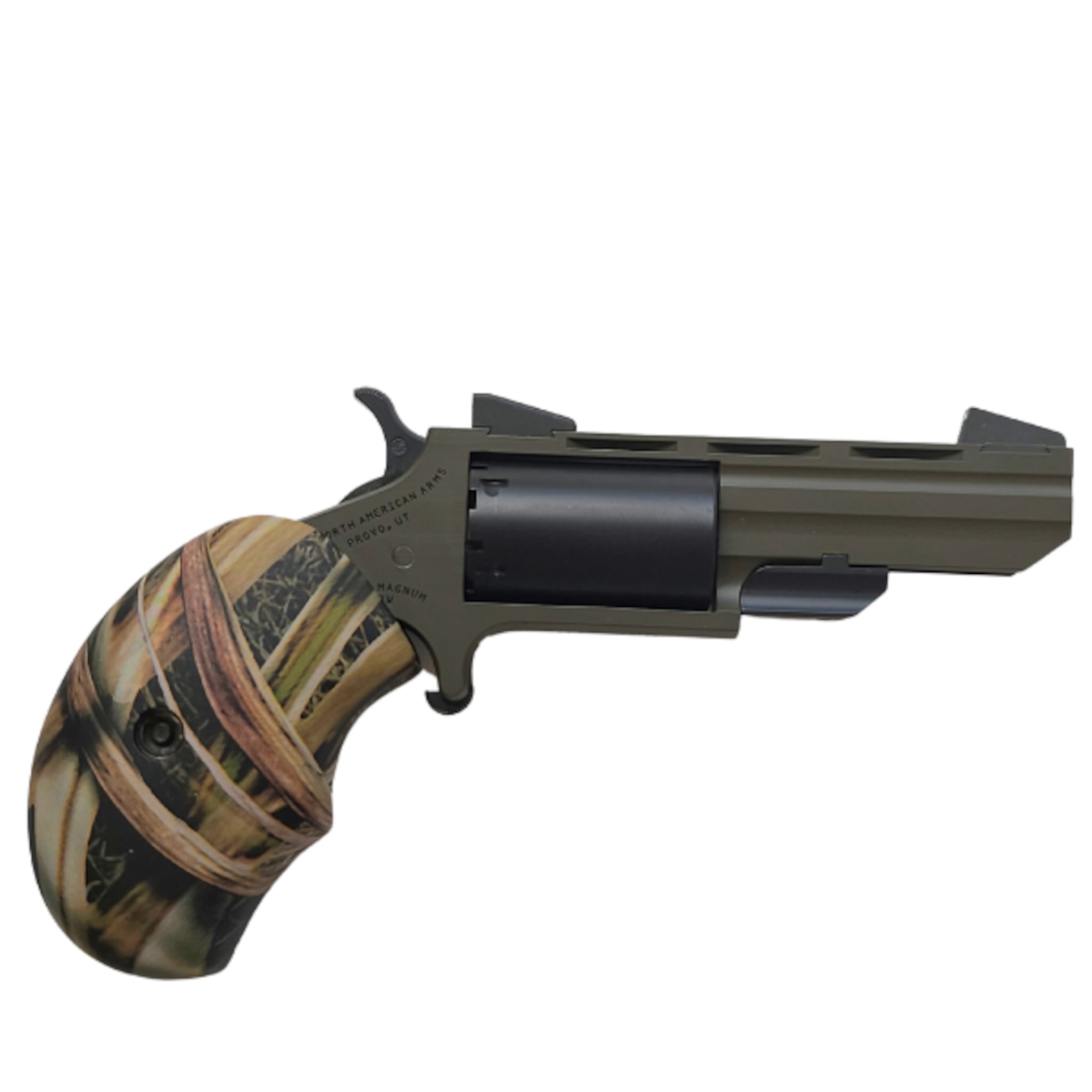 North American Arms Huntsman 22 WMR 2 inch OD Green Cerakote mini-revolver with oversized camo rosewood grips