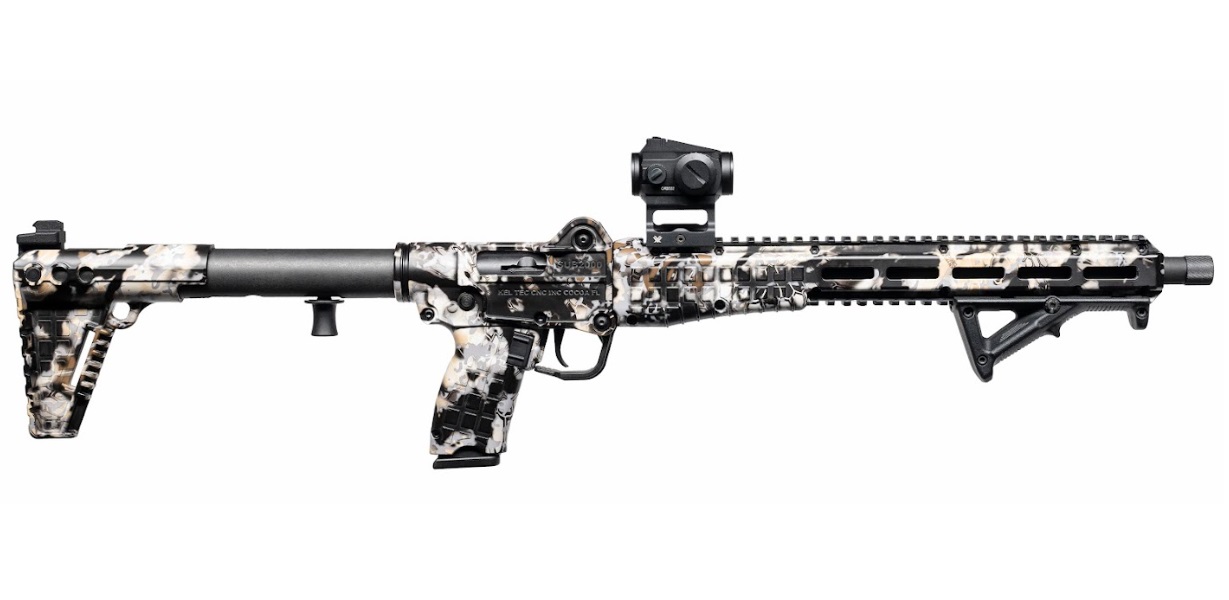 Keltec SUB-2000 Defender Gen 3 10mm Kryptek Obskura Skyfall folded and deployed