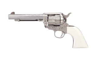Taylor & Co 1873 Outlaw Legacy nickel engraved .357 Magnum revolver with 5.5 inch barrel and white/ivory-style grips
