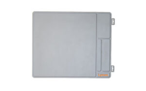 Lyman Essential Armorers Mat 16 x 19 Gray on workbench showing molded compartments