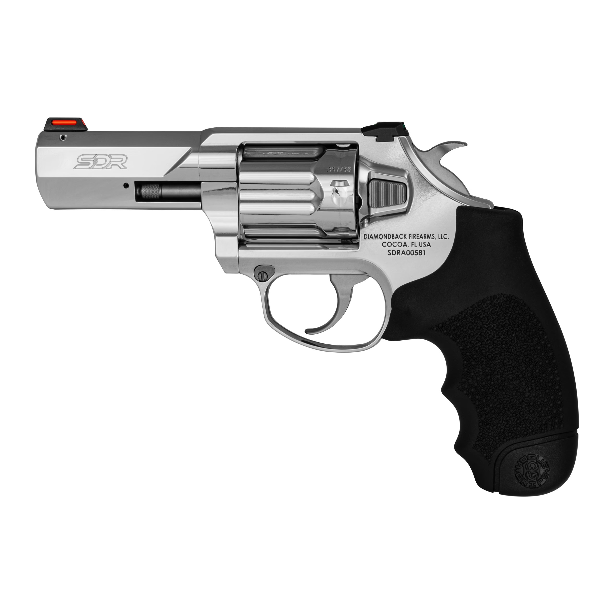 Diamondback SDR 3 inch polished stainless revolver with Hogue black rubber grip and fiber-optic sights