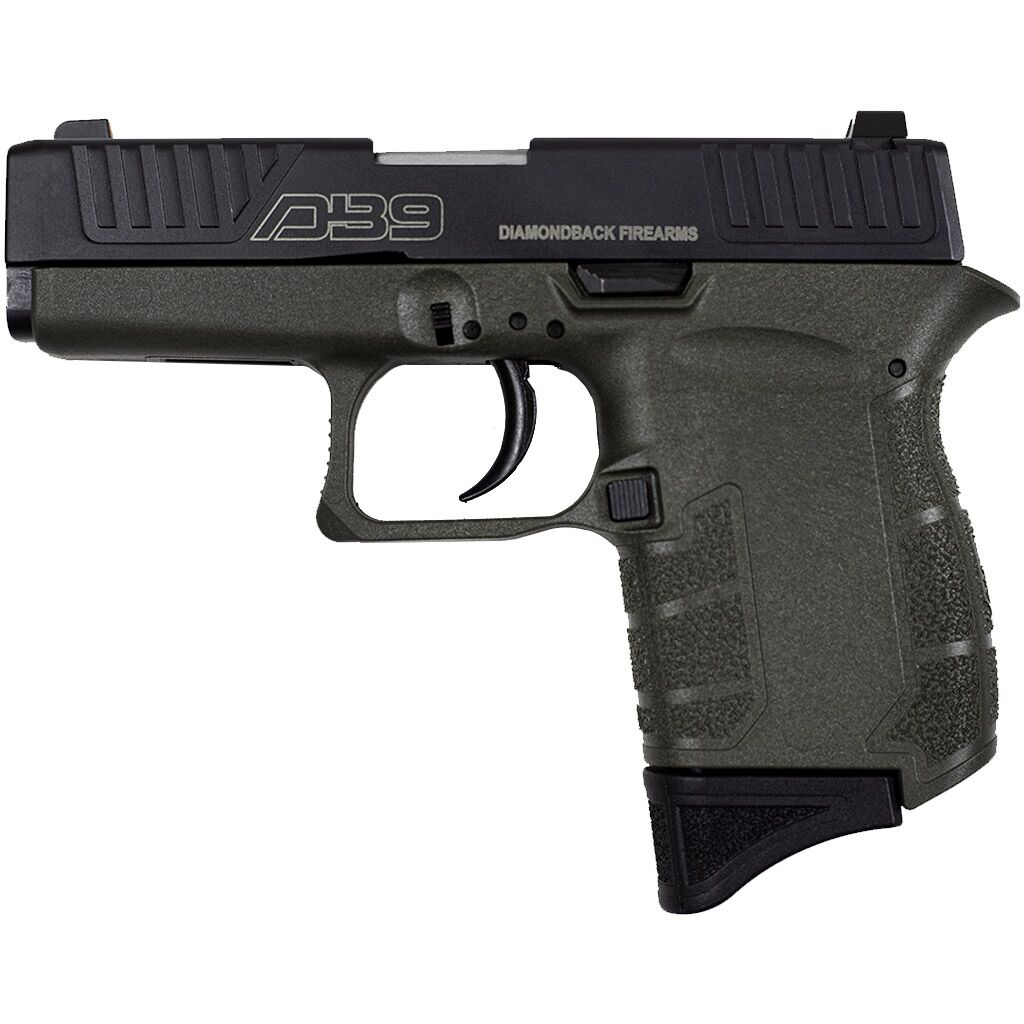 Diamondback DB9 Gen IV 9mm pistol with OD Green polymer frame and black nitride serrated slide, 3.1 inch barrel