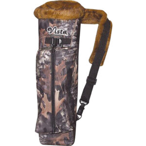 Vista Maverick camouflage back quiver showing top-loading arrow cavity, padded shoulder strap and accessory pocket