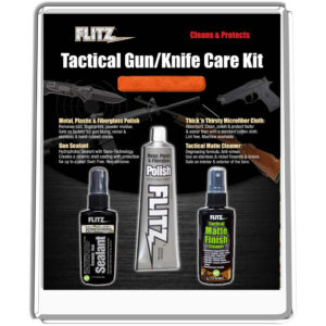 Flitz Tactical Gun & Knife Care Kit with three 1.7 oz bottles and orange microfiber cloth