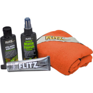 Flitz Gun & Knife Care Kit contents: cleaner, polish-paste, wax protectant, and 16-inch microfiber cloth