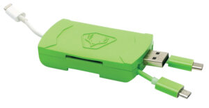 HME 4-in-1 SD and microSD card reader with Lightning and micro USB adapters, green