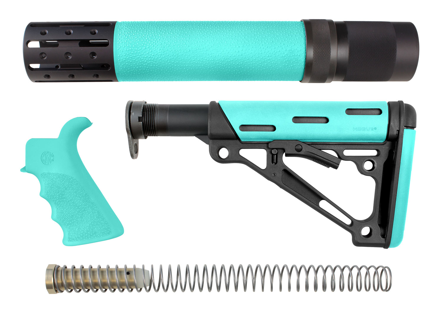 Hogue 13478 OverMolded 3-piece AR-15 kit collapsible stock beavertail grip rifle-length forend aqua black