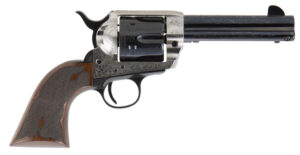 Cimarron Frontier Pre-War .45 Long Colt 4.75 in engraved revolver, blued barrel and old silver frame