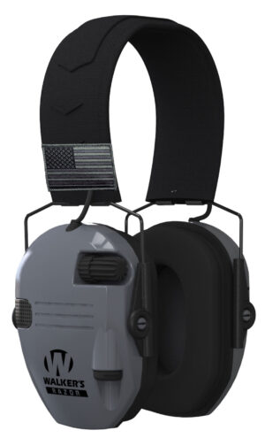 Walker's Razor Patriot electronic earmuff in black/gray polymer with slim over-the-head design