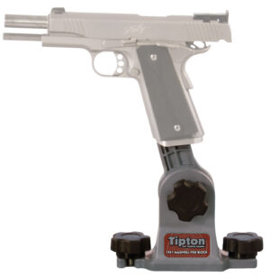 Tipton 1911 Mag Well Vise Block gray/red solvent-resistant polymer mounted for cleaning