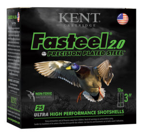 Kent Fasteel 2.0 12 Gauge 3-inch 1 1/4 oz #1 steel shotshell box, 25 rounds