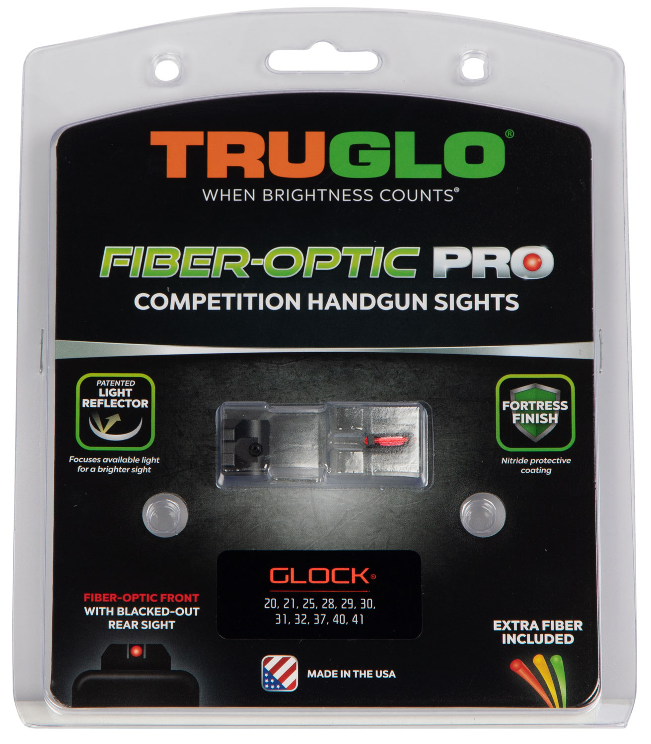 TRUGLO Fiber-Optic Pro handgun sight set with red fiber front and blacked-out rear for Glock