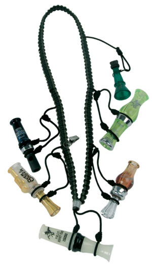Primos Waterfowler's 5 Call Lanyard in black nylon holding five calls