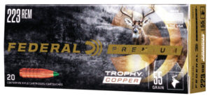 Box of Federal Trophy Copper .223 Rem 55-grain lead-free hunting ammunition