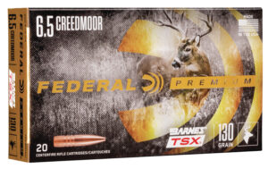 Box of Federal Premium 6.5 Creedmoor 130gr Barnes TSX ammunition with visible ammo rounds