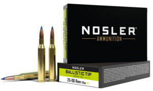 Box of Nosler Ballistic Tip .25-06 Remington 115 grain ammunition with rounds displayed