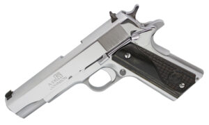 Iver Johnson 1911A1 .38 Super 5 inch chrome pistol with black wood grips