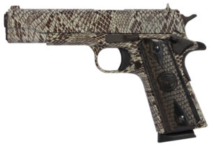 Iver Johnson 1911A1 Copperhead .45 ACP 5-inch tan snakeskin hydrographic finish with black snakeskin wood grips