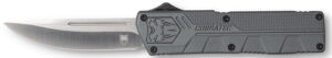 CobraTec LW Grey 3.25-inch D2 OTF knife with gray aluminum handle and pocket clip
