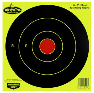 Birchwood Casey Dirty Bird 8-inch bullseye hanging paper targets black yellow 50 pack