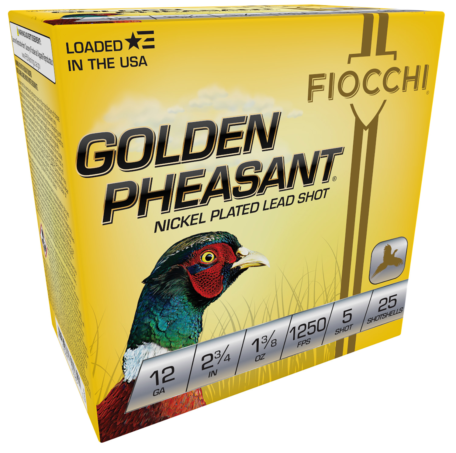 Box of Fiocchi Golden Pheasant 12ga 2.75in 1-3/8oz #5 nickel-plated lead shotshells 25rd