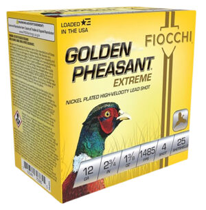 Box of 25 Fiocchi Golden Pheasant 12 gauge shells with nickel-plated #4 shot