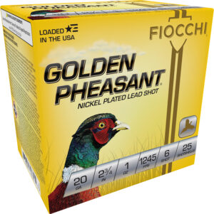 Box of Fiocchi Golden Pheasant 20 gauge 2.75 inch shotgun shells with nickel plated shot