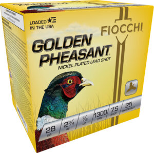 Box of Fiocchi Golden Pheasant 28 gauge shotgun shells with nickel-plated shot