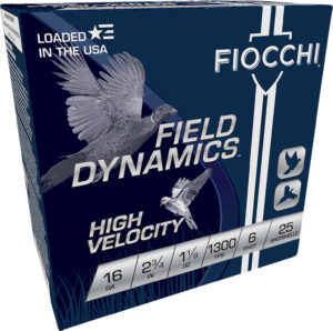 Box of 25 Fiocchi High-Velocity 16 gauge shotgun shells with #6 lead shot