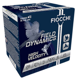Box of Fiocchi 28 gauge high velocity shotshells with 3/4 oz #6 shot