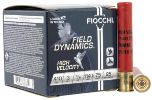 Box of 25 Fiocchi High Velocity .410 bore 3-inch shotshells with #7.5 lead shot