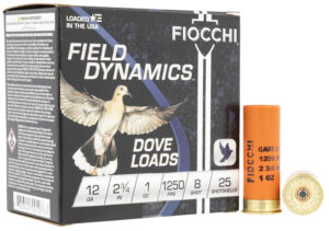 Box of 25 Fiocchi Field Dynamics Dove and Quail 12 gauge shotshells with #8 lead shot