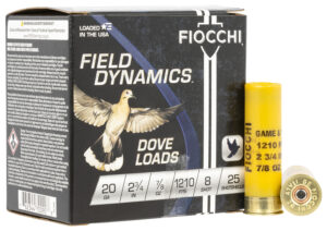 Box of Fiocchi Dove and Quail 20 gauge shotgun shells with yellow hull